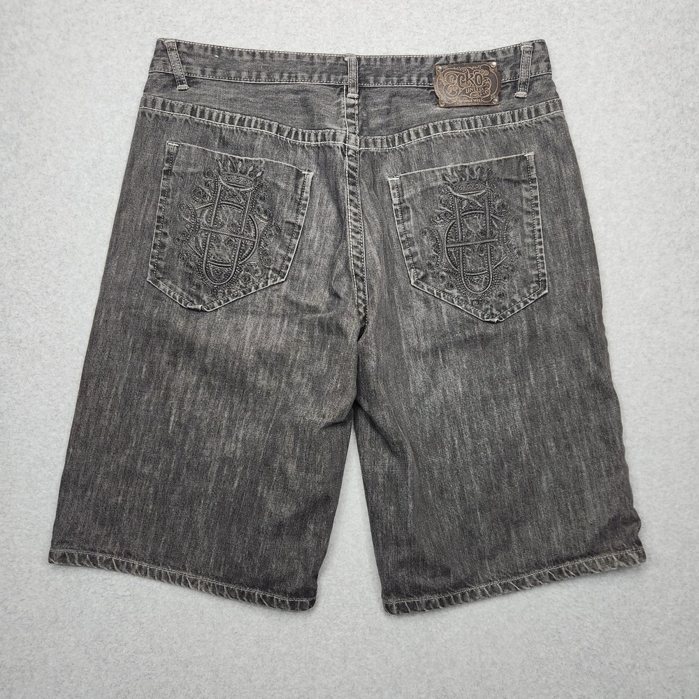VINTAGE Ecko Unltd Jean Shorts Mens 38‎ Black Baggy Wide Leg Embroidered Y2K